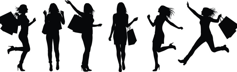 Happy women shopping silhouette, carrying bags, fashion style, retail therapy, female shoppers, high heels, sale excitement, black vector illustration, consumer lifestyl