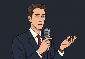 Confident male presenter in a sharp suit delivering an engaging speech with a classic microphone, perfect for business communications and media events