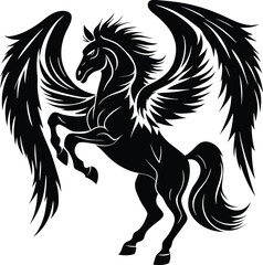 Majestic Black Pegasus Rearing Up with Sprawling Wings a Symbol of Mythical Power and Freedom in Striking Silhouette