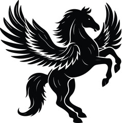 Majestic Winged Horse Illustration Black and White Pegasus with Powerful Wings Graceful Mythical Creature Fantasy Art Heraldic Symbolism Animal Representation