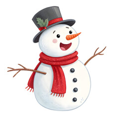 Cheerful Snowman in Top Hat and Scarf isolated on transparent background