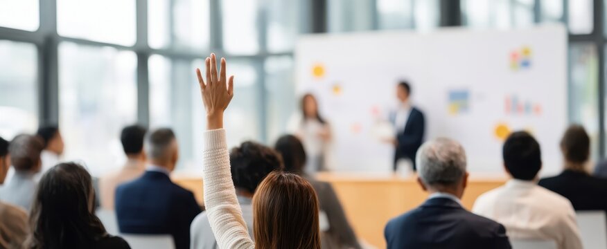[The Audience Member Raising a Hand During a Professional Business Presentation in Conference Room]