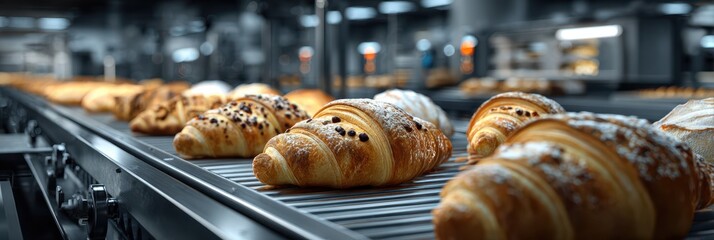 Freshly baked croissants on a conveyor belt in a bustling bakery during early morning hours
