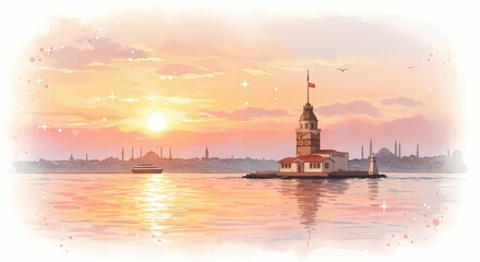 Fototapeta premium Sunset view of Maiden's Tower on water with colorful sky 