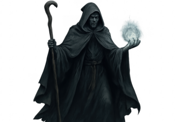 Powerful sorcerer holding magic staff and conjuring energy ball on transparent background