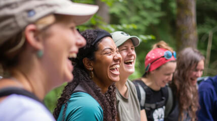 A group of diverse young women laughing outdoors in a forest setting with trees in the background