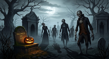 Spooky halloween scene with zombies in a cemetery