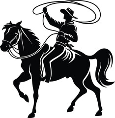 Naklejka premium A Silhouette of a Cowboy Riding a Horse and Swinging a Lasso in the Air with Skill and Precision