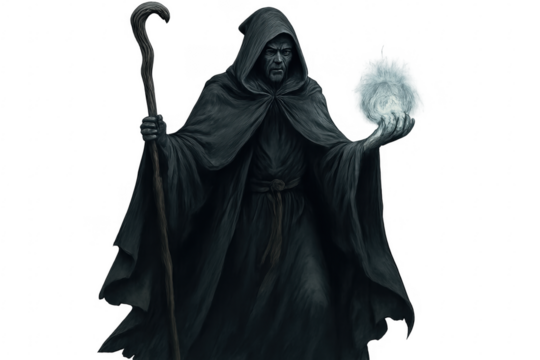 Powerful sorcerer holding magic staff and conjuring energy ball on transparent background