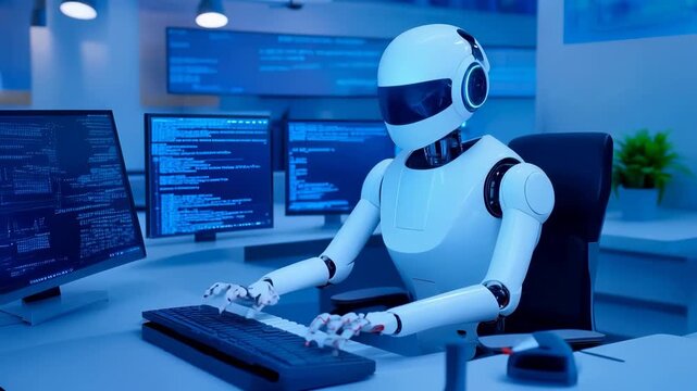 Humanoid robot with white body and black visor sitting at computer workstation with multiple programming screens, typing on keyboard in blue-toned technology office environment