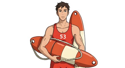 Lifeguard Portrait with Rescue Buoy and Surfboard Ready for Beach Safety