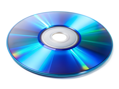 Shiny blue cd disc with rainbow reflections, isolated on transparent background