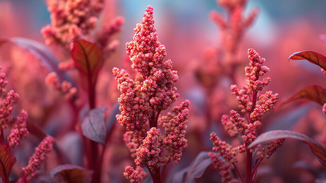 close up of red and pink quinoa plants in a high altitude field at sunset