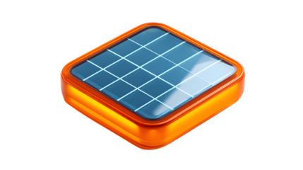 Vibrant orange 3D icon with a glowing blue grid pattern, representing technology and innovation.