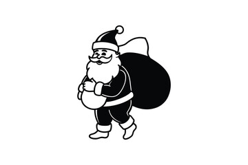 Obraz premium A cartoon santa claus carrying a large sack of toys on his back walking silhouette