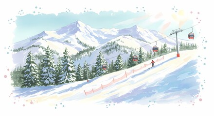 Ski resort landscape with snowy mountains and gondola lift in background  