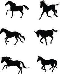 Silhouette Showcase of Horses Running and Jumping with Dynamic Poses Depicting Freedom and Gracefulness in Black and White Graphics