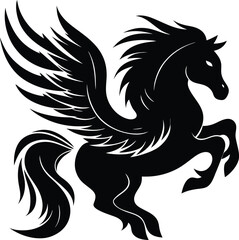 Majestic Pegasus Silhouette Leaping Forward Symbolizing Freedom and Grace A Timeless Emblem of Mythical Beauty And Strength Depicted in Elegant Black and White