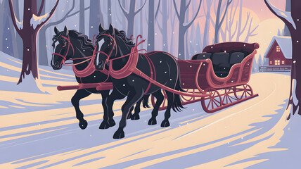 Winter sleigh ride through snowy forest with elegant horses and carriage