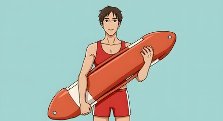 Young male lifeguard in red uniform holding a rescue buoy, standing against a light blue background, ready for action
