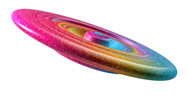 Vibrant glitter disc in rainbow colors spins dynamically, capturing playful energy and modern style.