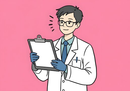 Illustration of a smiling scientist in a lab coat holding a clipboard and wearing blue gloves, in front of a pink background