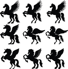 Elegant Pegasus Silhouettes a Collection of Mythical Creatures in Dynamic Poses Against White Backdrop Magical and Majestic