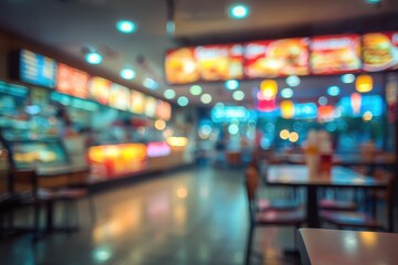 Blur effect in a bustling fast food restaurant showcasing vibrant signage and busy atmosphere during peak meal hours