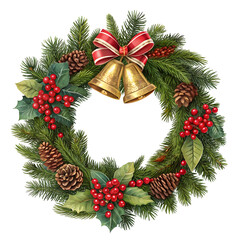 Christmas Wreath with Pine Holly and Bells isolated on transparent background