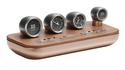 Sleek modern multi-gauge instrument panel with wood grain and rose gold accents for sophisticated tech.