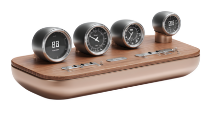 Sleek modern multi-gauge instrument panel with wood grain and rose gold accents for sophisticated tech.