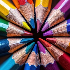 A detailed macro shot of colorful pencils arranged in a circular pattern with their sharpened tips pointing inward. The pencils display a spectrum of colors from red to violet.