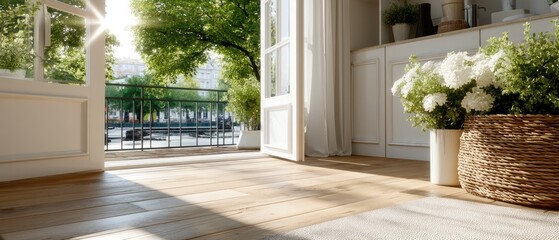 Lush flowers cascade over a wooden path next to an open window, creating a peaceful and inviting atmosphere on a sunny day