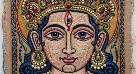 Obraz premium Embroidered Divine Portrait Goddess with Third Eye and Ornate Crown