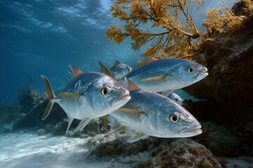 School of yellowtail tuna gracefully swimming among coral reefs in crystal clear ocean waters of a vibrant marine ecosystem