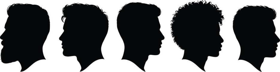 Male head silhouettes in profile view, various hairstyles, bearded and clean-shaven men, vector illustration, black shape, modern hairstyle design