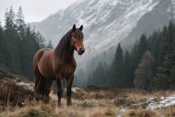 Majestic horse standing in a lush field near stunning mountains during early morning light, surrounded by tall trees and a peaceful atmosphere