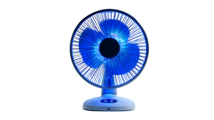 Modern electric fan with vibrant blue LED illumination and digital controls for stylish cooling.