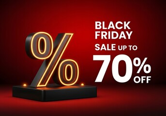 Massive black friday sale announcement featuring a 3d percentage symbol and up to 70 percent off savings