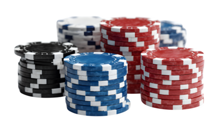 Stacks of colorful casino poker chips ready for a high-stakes game, symbolizing luck and fortune