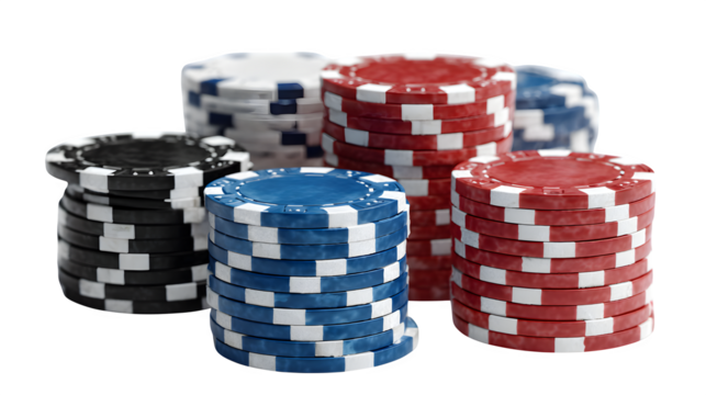 Stacks of colorful casino poker chips ready for a high-stakes game, symbolizing luck and fortune