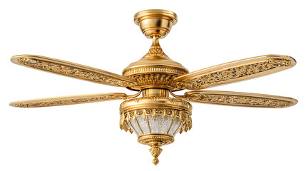 Exquisite antique gold ornate ceiling fan with detailed carvings and frosted glass light fixture