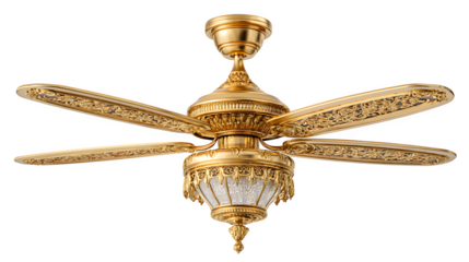 Exquisite antique gold ornate ceiling fan with detailed carvings and frosted glass light fixture