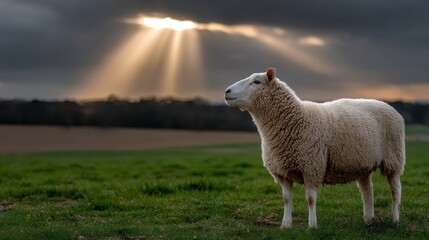 Fototapeta premium An inquisitive young lamb enjoys fresh grass in a tranquil forest as the sun sets, casting a warm glow on its surroundings