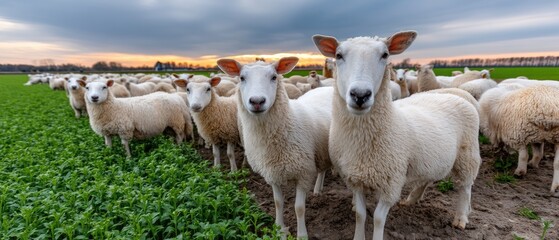 Fototapeta premium An inquisitive young lamb enjoys fresh grass in a tranquil forest as the sun sets, casting a warm glow on its surroundings
