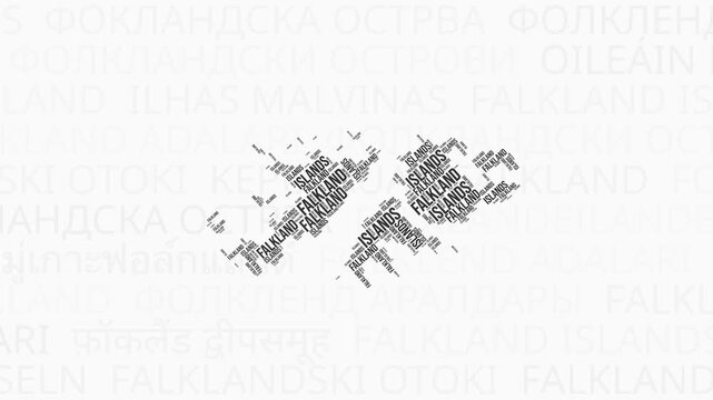 Falkland Islands intro animation. Country with regions illustration video. Background with country names in various languages. Regions of Falkland Islands animation. Elegant video.