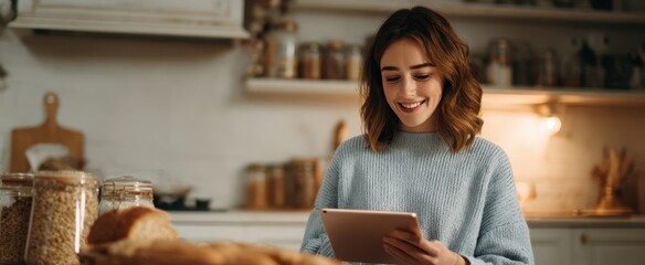 The woman with tablet smiling in cozy kitchen surrounded by bread and jars