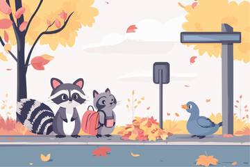 Obraz premium Two cute animals, raccoon and cat with backpack, waiting at bus stop, autumn leaves, friendly duck nearby, whimsical back to school scene