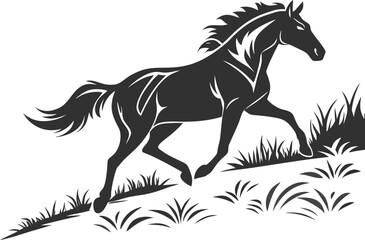 Dynamic Black Horse Silhouette Galloping Through Grassy Terrain A Symbol of Freedom and Wildness in Vector Format