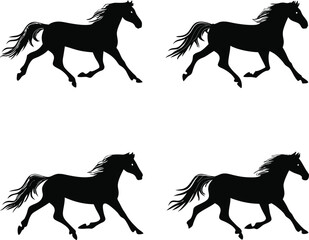 Dynamic Quartet of Horses Galloping with Graceful Manes and Tails Black Silhouettes Conveying Movement and Freedom